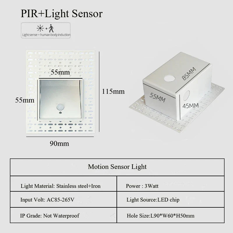 Led Embedded Wall Lamp With Pir Motion Sensor – 3W White & Black Staircase Footlight For Aisle, Corridor, And Home Lighting 14962032640324-1