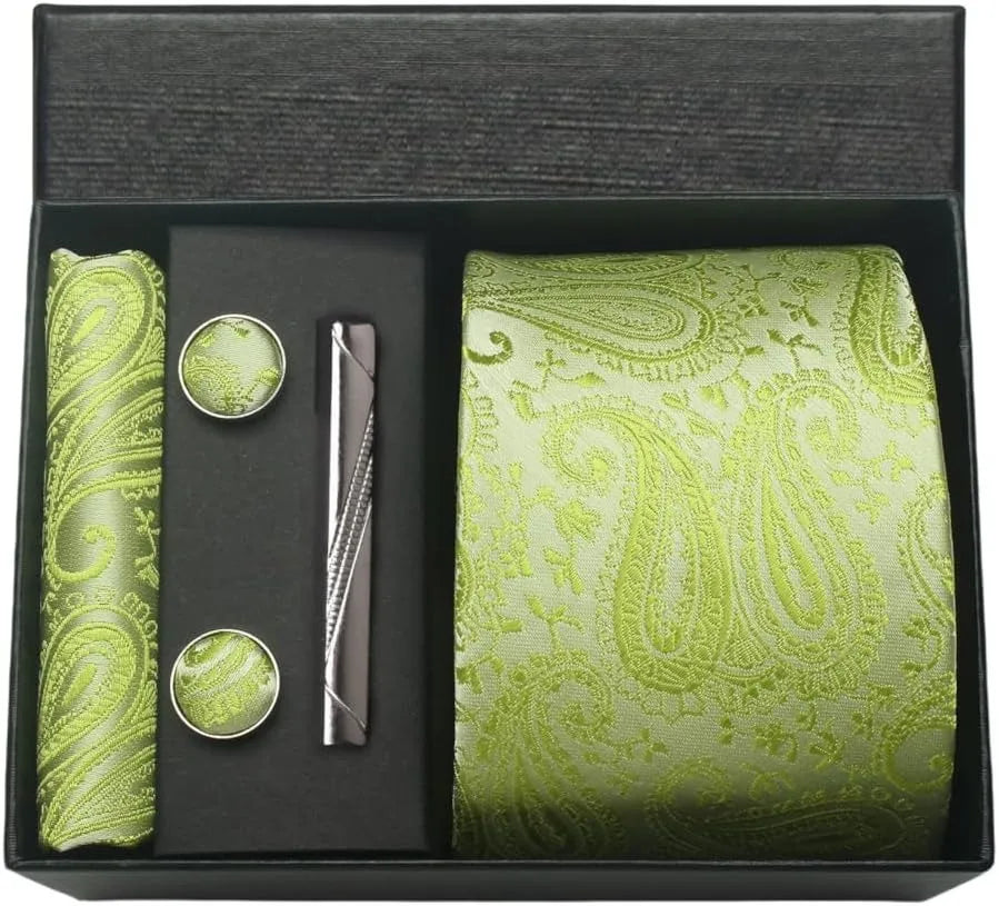 Silk Paisley Necktie Pocket Square Cufflinks Tie Clip Gift Set