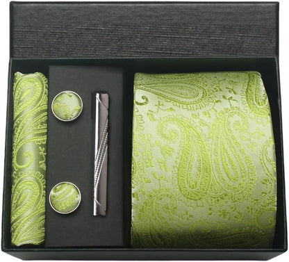 Silk Paisley Necktie Pocket Square Cufflinks Tie Clip Gift Set