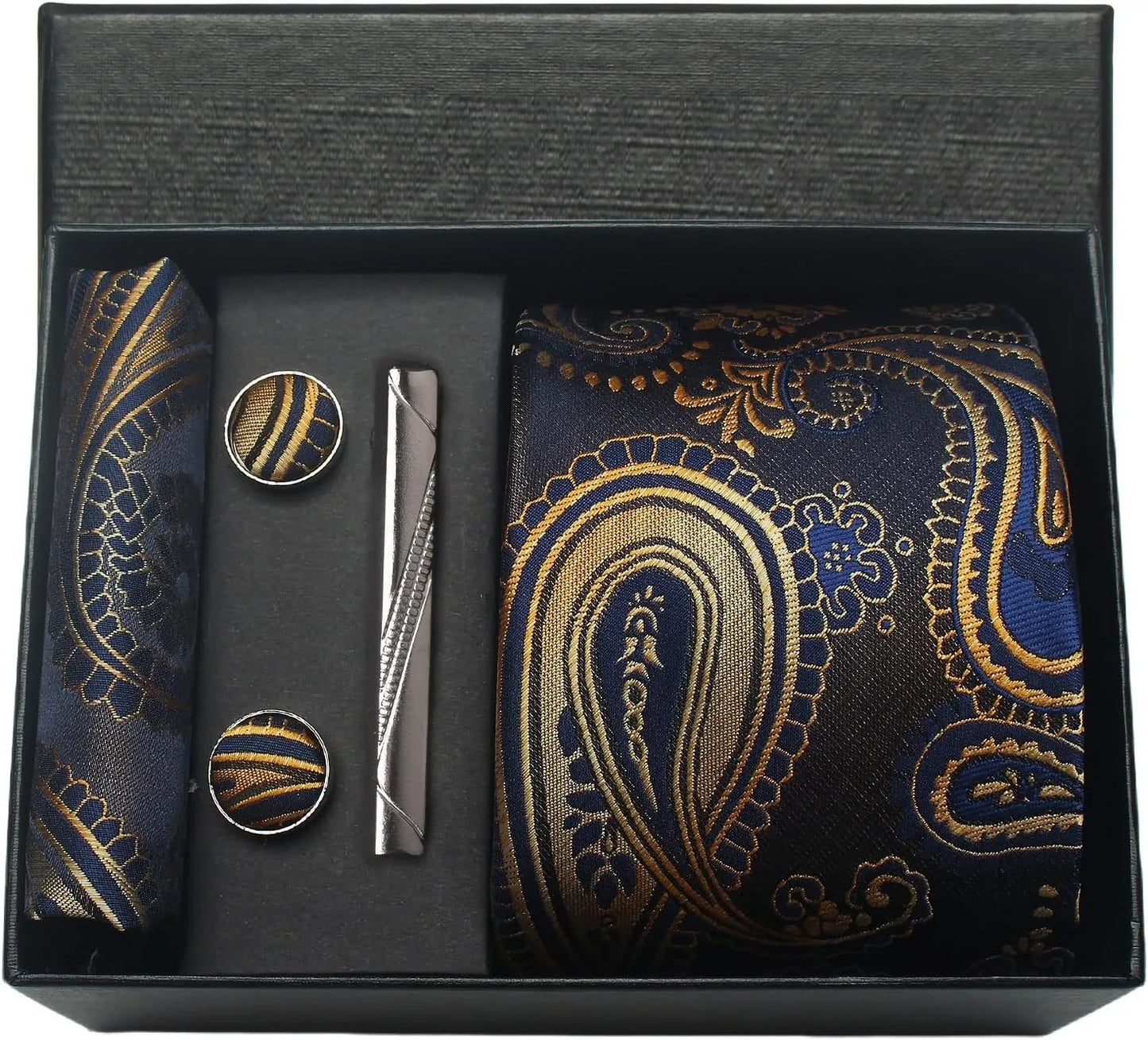 Silk Paisley Necktie Pocket Square Cufflinks Tie Clip Gift Set
