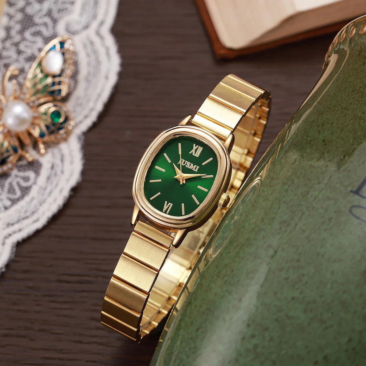 Oval Green Dial Women'S Watch 38Mm