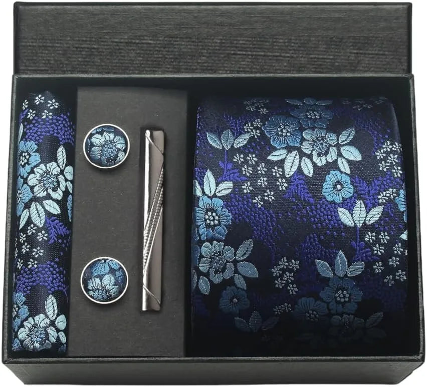 Silk Paisley Necktie Pocket Square Cufflinks Tie Clip Gift Set