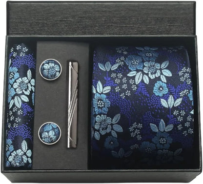 Silk Paisley Necktie Pocket Square Cufflinks Tie Clip Gift Set