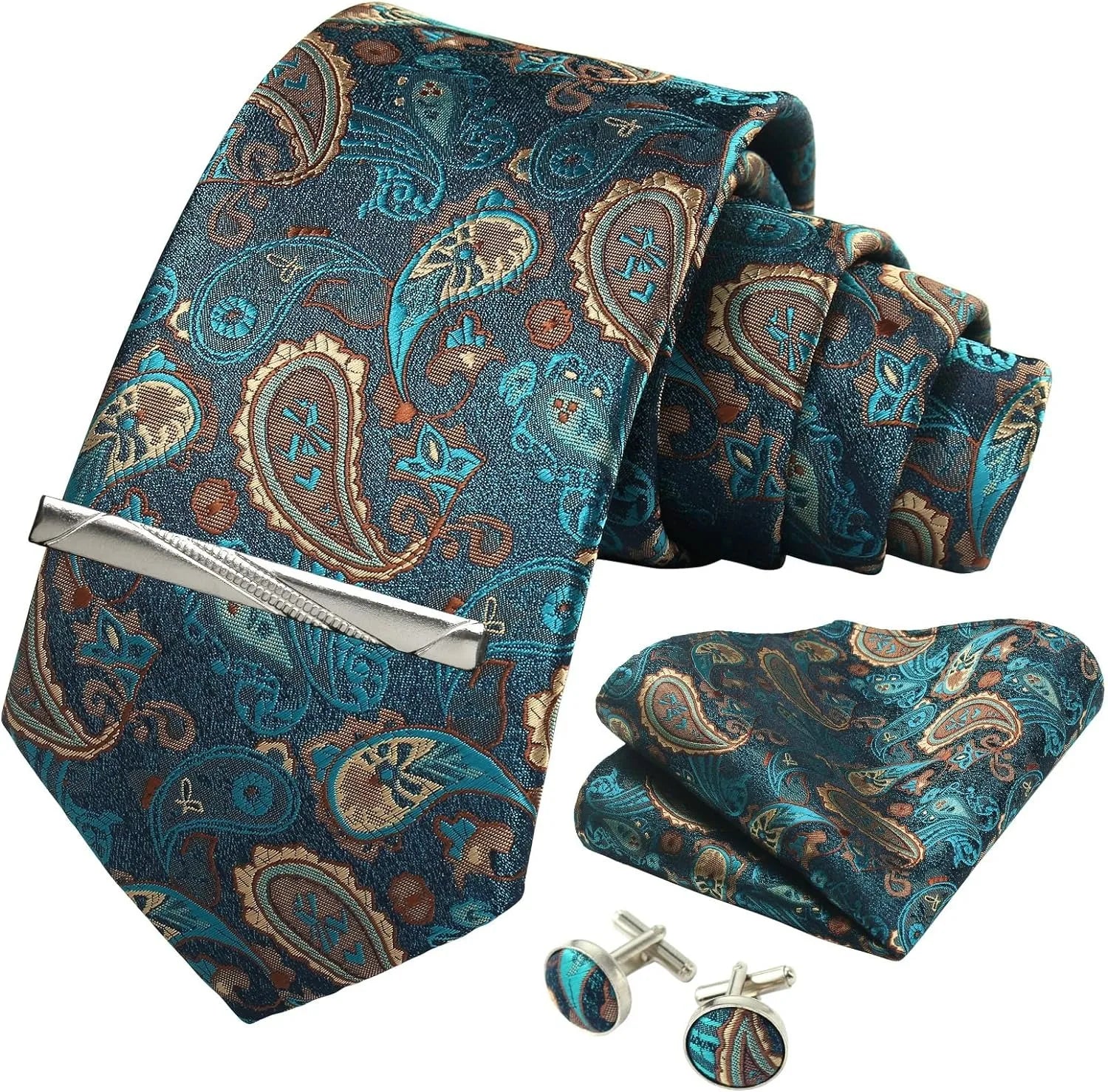 Silk Paisley Necktie Pocket Square Cufflinks Tie Clip Gift Set