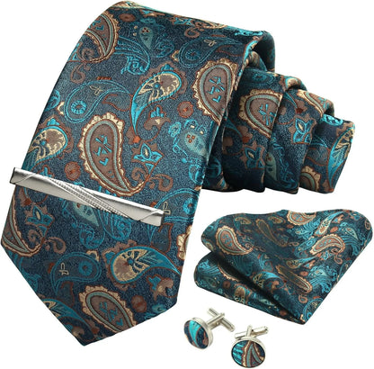 Silk Paisley Necktie Pocket Square Cufflinks Tie Clip Gift Set