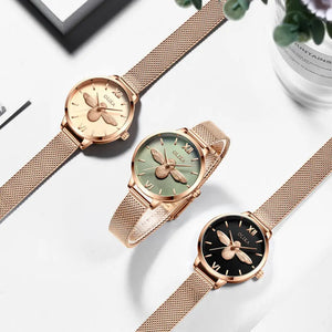 Stylish 3D Bee Women Quartz Watches Stainless Steel Mesh Band