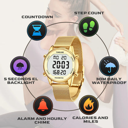 Calorie Tracker Women's Digital Watch – Pedometer, Waterproof Design
