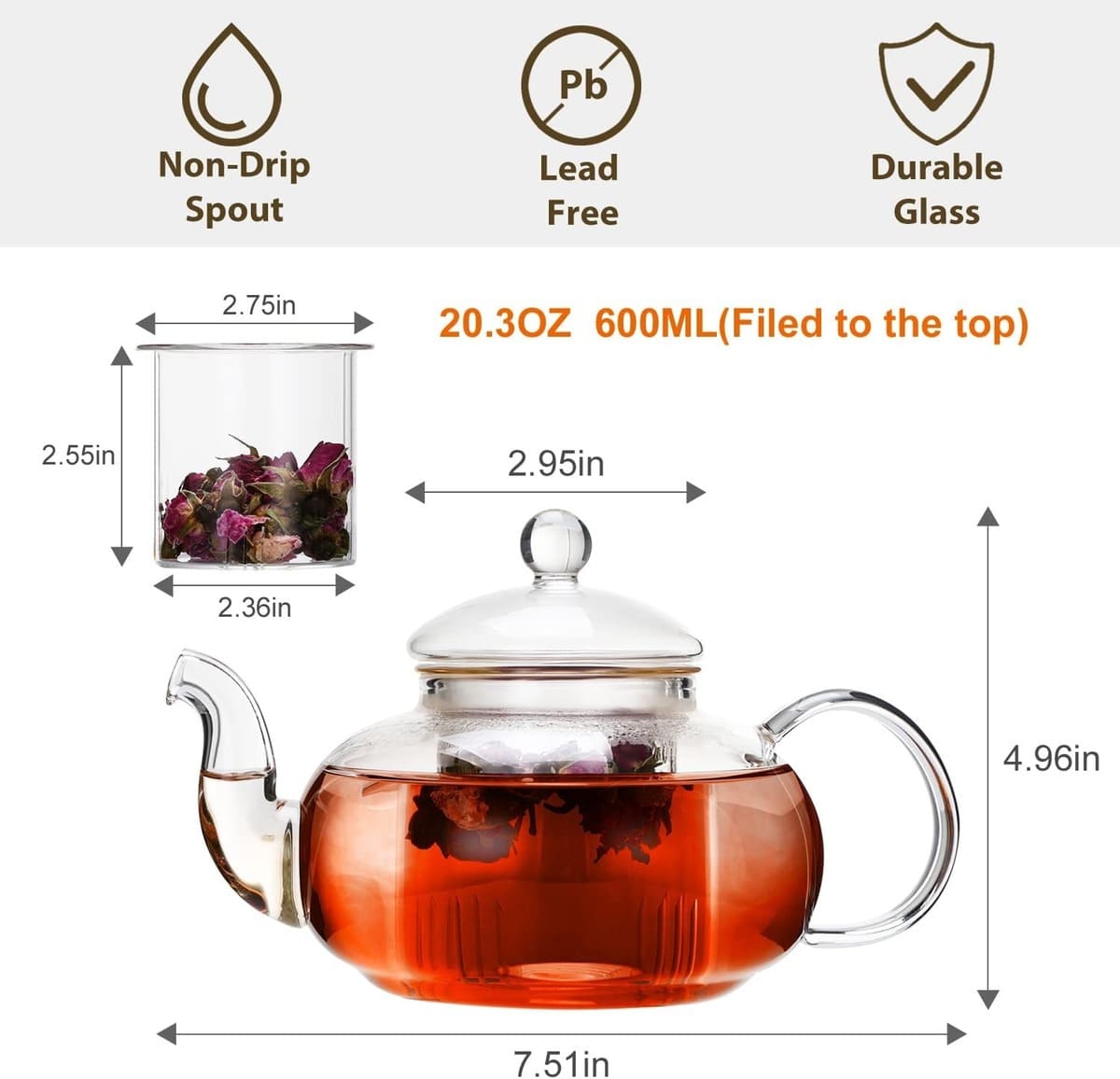 Heat-Resistant Glass Teapots with Infuser for Stove - Elegant, Clear, Modern (400/600/800/1000ml)
