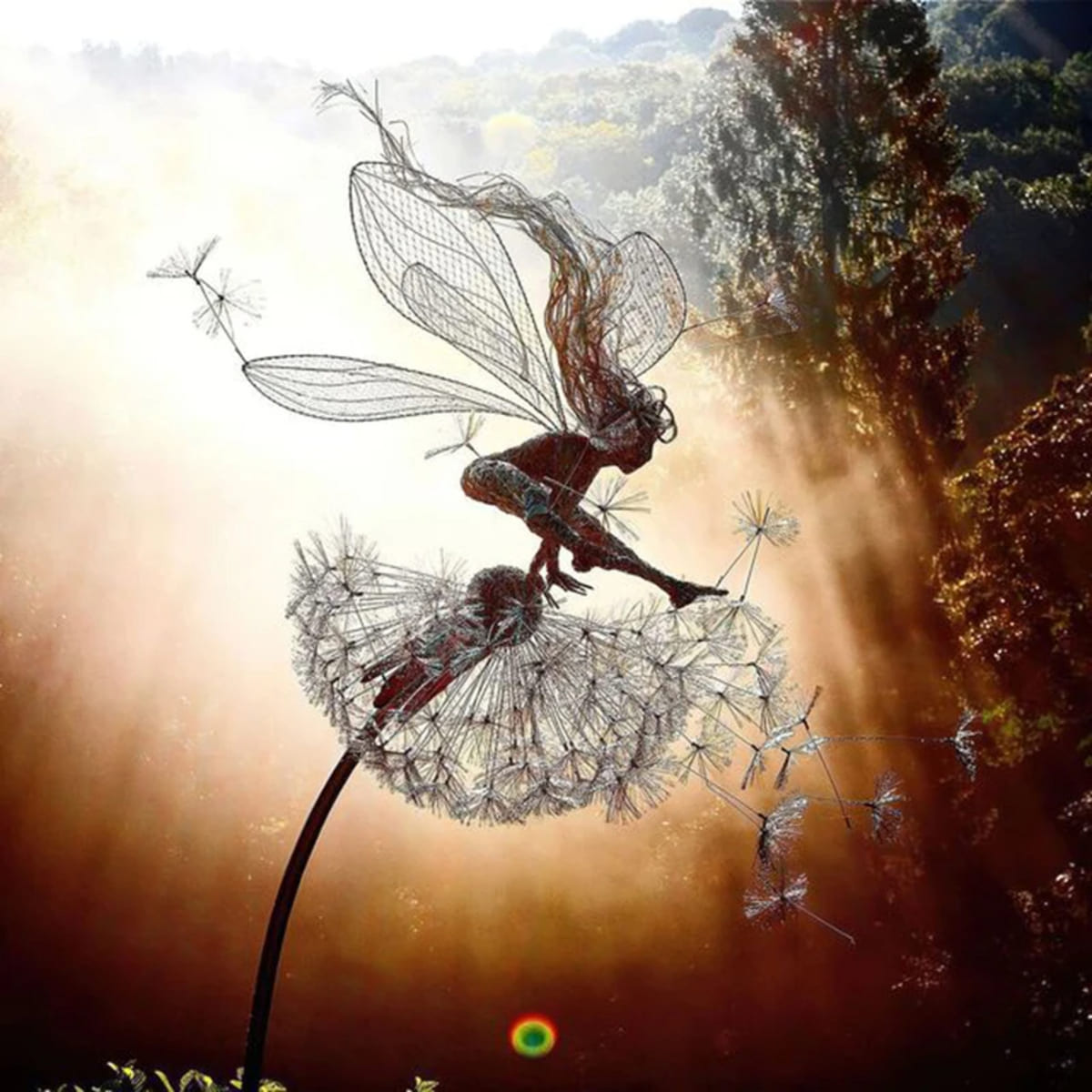 Dancing Metal Fairies on Dandelions for Garden Decor Blowing Wire Fairy Statue