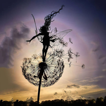 Dancing Metal Fairies on Dandelions for Garden Decor Blowing Wire Fairy Statue