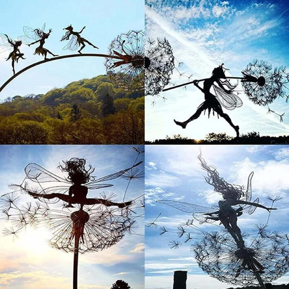Dancing Metal Fairies on Dandelions for Garden Decor Blowing Wire Fairy Statue