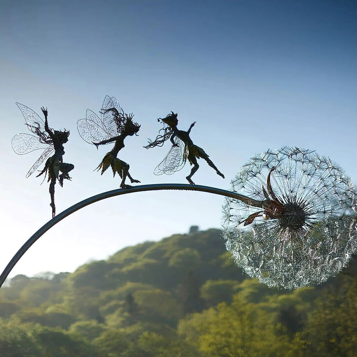 Dancing Metal Fairies on Dandelions for Garden Decor Blowing Wire Fairy Statue