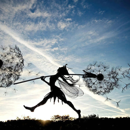 Dancing Metal Fairies on Dandelions for Garden Decor Blowing Wire Fairy Statue