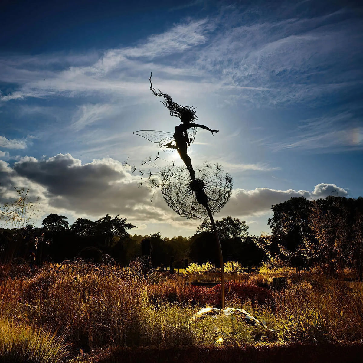 Dancing Metal Fairies on Dandelions for Garden Decor Blowing Wire Fairy Statue
