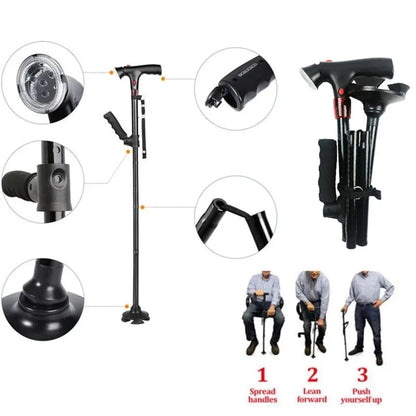 Foldable Walking Stick For Seniors with LED Light and Alarm
