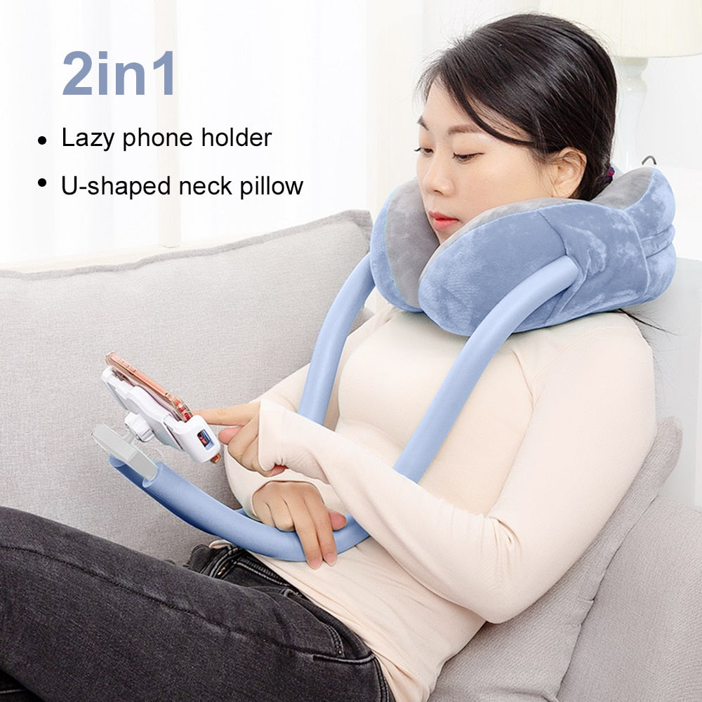 2-In-1 U-Shaped Neck Pillow With Tablet And Phone Holder