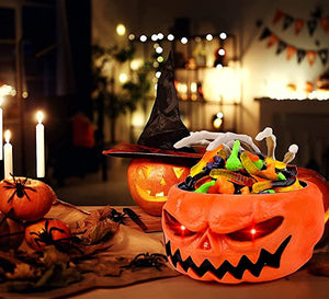 Pumpkin Candy Bowl With Creepy Moving Skeleton Hand