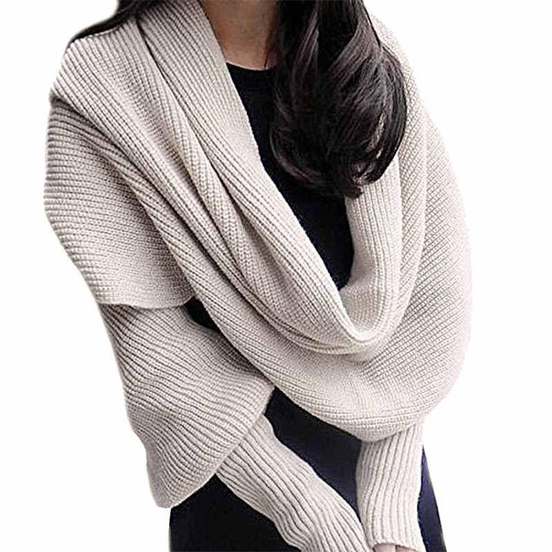 Knitted Wrap Scarf With Sleeves 11544970-beige