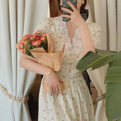 Floral Print Puff Sleeve V-Neck Midi Lace Chiffon Dress (2 Colors ) S - Xl