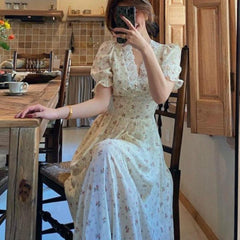 Floral Print Puff Sleeve V-Neck Midi Lace Chiffon Dress (2 Colors ) S - Xl