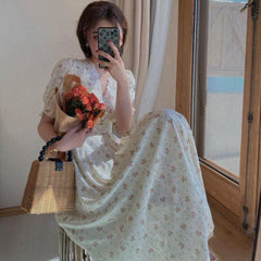 Floral Print Puff Sleeve V-Neck Midi Lace Chiffon Dress (2 Colors ) S - Xl