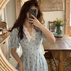 Floral Print Puff Sleeve V-Neck Midi Lace Chiffon Dress (2 Colors ) S - Xl