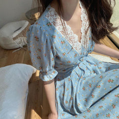 Floral Print Puff Sleeve V-Neck Midi Lace Chiffon Dress (2 Colors ) S - Xl