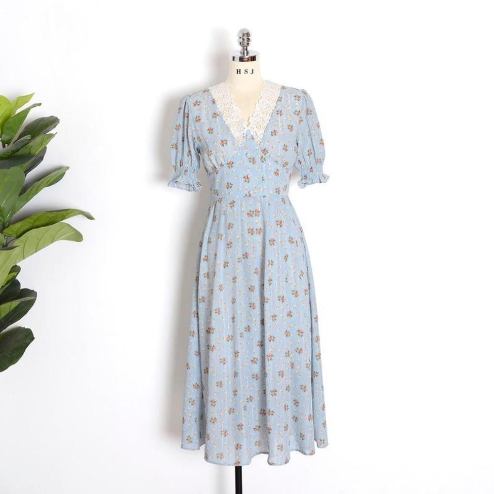 Floral Print Puff Sleeve V-Neck Midi Lace Chiffon Dress (2 Colors ) S - Xl
