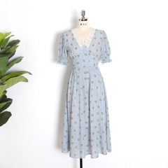 Floral Print Puff Sleeve V-Neck Midi Lace Chiffon Dress (2 Colors ) S - Xl