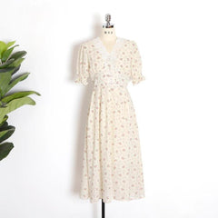 Floral Print Puff Sleeve V-Neck Midi Lace Chiffon Dress (2 Colors ) S - Xl