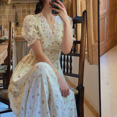 Floral Print Puff Sleeve V-Neck Midi Lace Chiffon Dress (2 Colors ) S - Xl