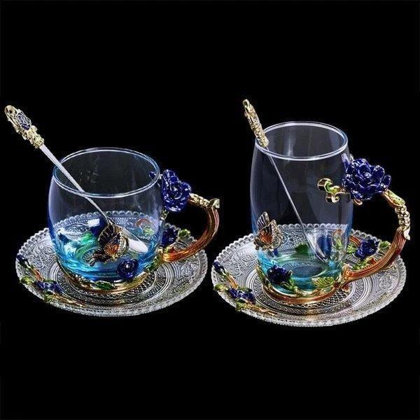 Handmade Enamel Butterfly Rose Cup (Various Designs)
