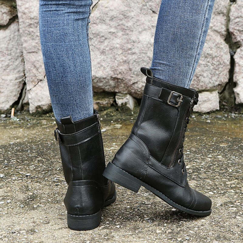 Women's Round Toe Side Zipper Leather Orthopedic Boots 63357882-black-36