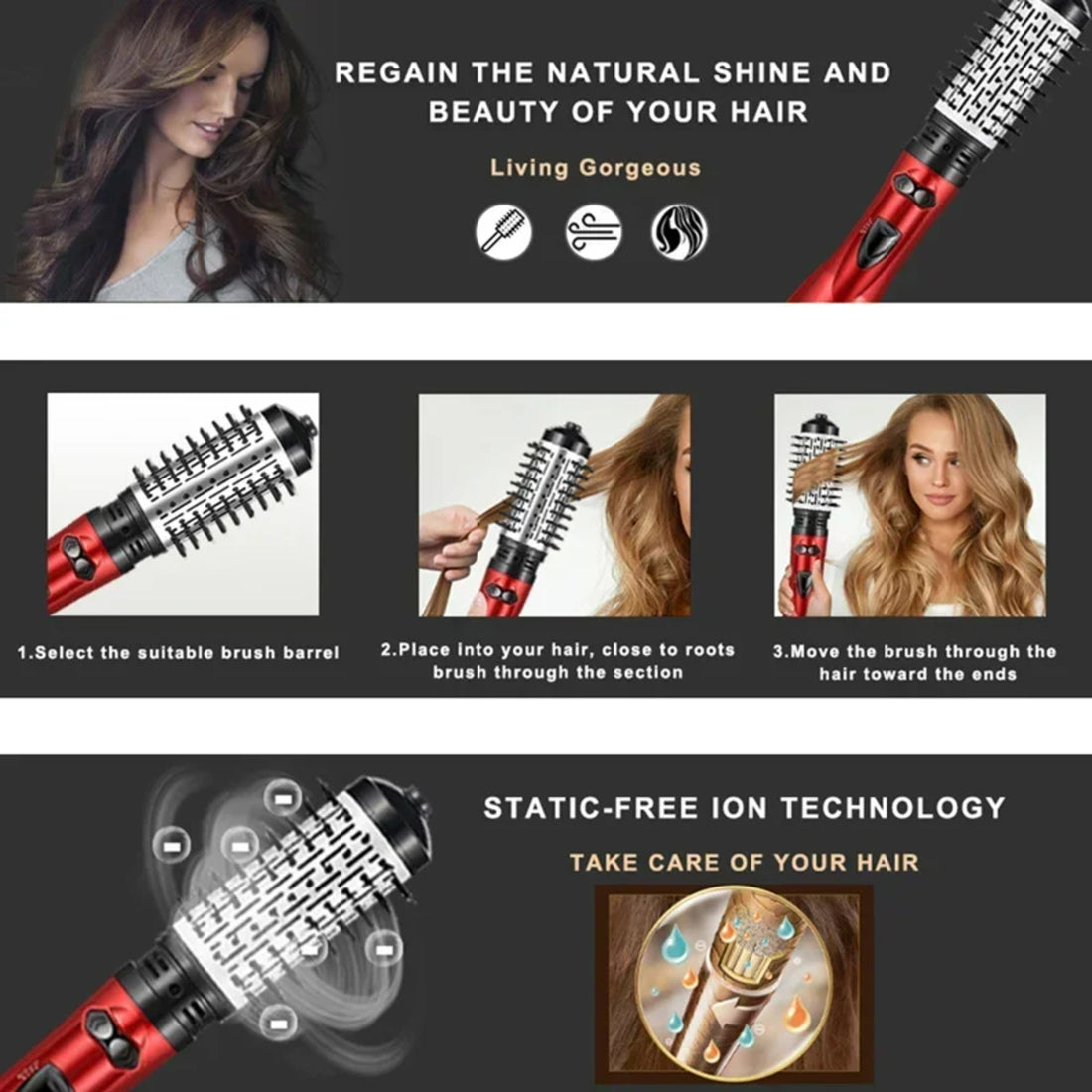 Electric Rotating Hair Dryer - 3 in 1 Styler with Hot Air and Round Brush 338031