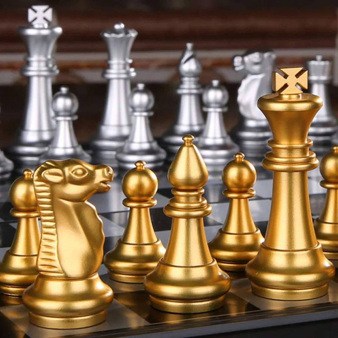 Portable Folding Magnetic Chess Set for Travel & Beginners - Metallic, Waterproof, Gold and Silver 32877153238-al