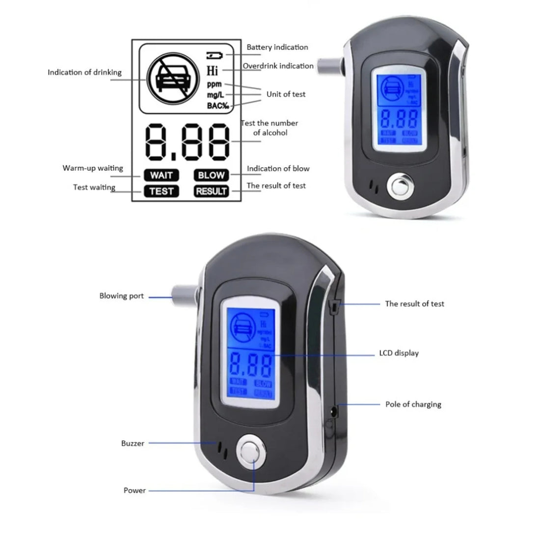 Accurate LCD Alcohol Breath Tester – Handheld Digital Breathalyzer with Display 260956