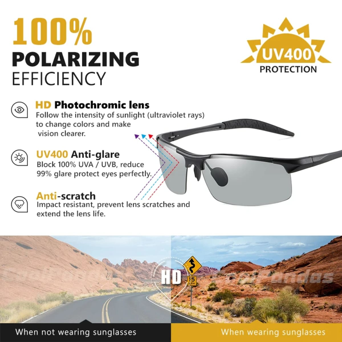Anti-glare Photochromic Sunglasses for Driving – Polarized UV400, Aluminium Frame 186090