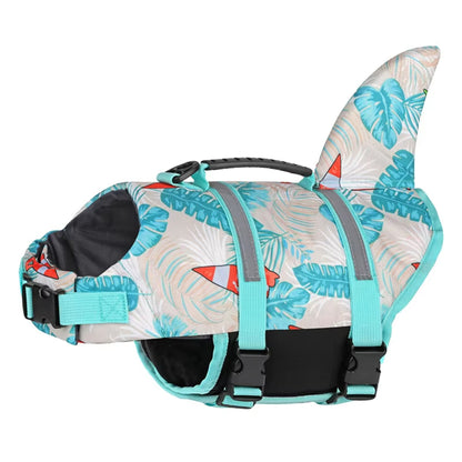 Size XS Beige And Blue Sailboat Pattern Pet Life Jacket for Dogs - Summer Swimming Safety Vest with Shark Fin for Small to Large Breeds V888-ELOSUNG23303
