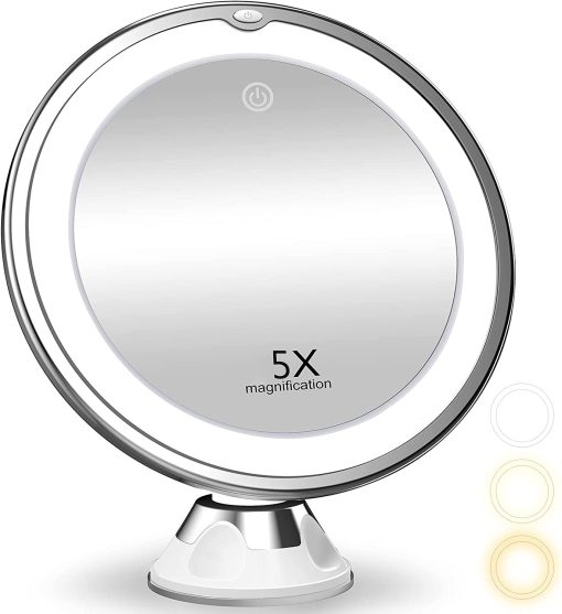 8" Makeup Mirror 5X With Lights, 3 Color Light Mode, 360° Rotation, Battery Powered