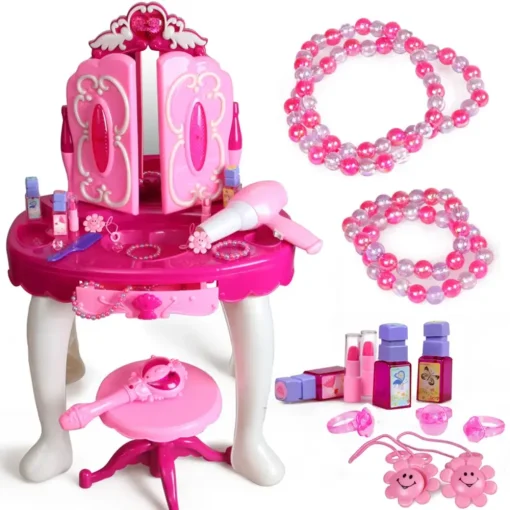 Glamour Mirror Makeup Dressing Table Stool Playset Toy Vanity Light & Music 3