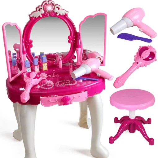 Glamour Mirror Makeup Dressing Table Stool Playset Toy Vanity Light & Music Functional Wind Blower with Organized Storage and Durable Design