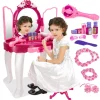 Glamour Mirror Makeup Dressing Table Stool Playset Toy Vanity Light & Music Illuminated Mirror with Music and Interactive Opening Panels