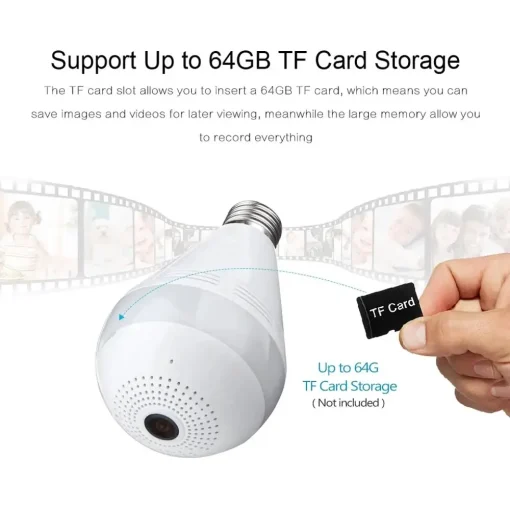 Light Bulb Wifi Camera – 360° Fisheye Wireless Panoramic Wifi Camera Supports Up to 64GB SD Card