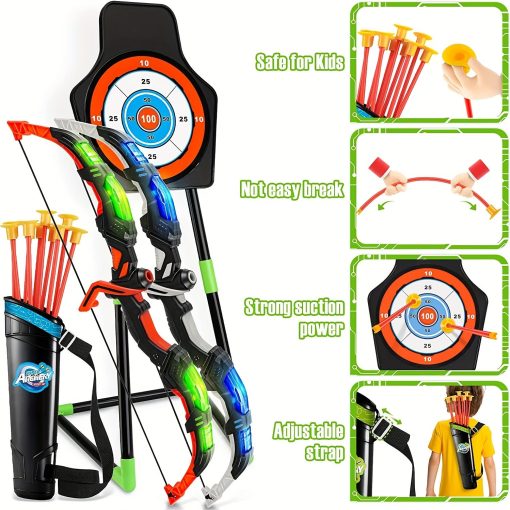 Kids Bow And Arrow Toy Set For Kids 4-6-8-12 Years Old, Archery Toy Set With Led Light - Includes 2 Bows, 20 Suction Cup Arrows, 2 Arrows And 1 Vertical Target