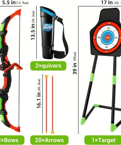 Kids Bow And Arrow Toy Set For Kids 4-6-8-12 Years Old, Archery Toy Set With Led Light - Includes 2 Bows, 20 Suction Cup Arrows, 2 Arrows And 1 Vertical Target