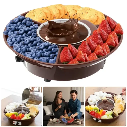 Electric Fondue Pot Set - Chocolate Fondue Kit - Temperature Control, Detachable Serving Trays, & 4 Roasting Forks - Gift Set & Date Night Idea. Serve At Movie Night Or Game Night2